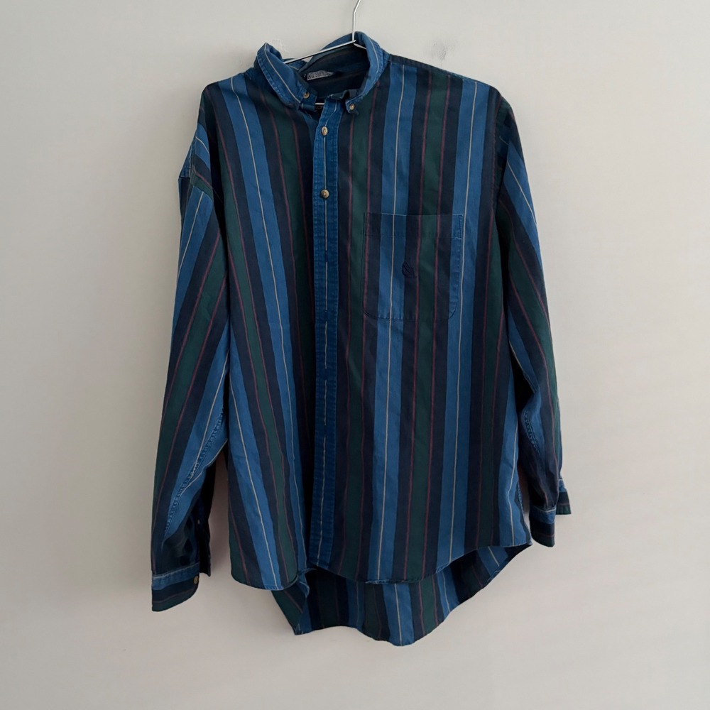 Nautica Mens XL Long Sleeve Vertical Stripe Button Down Shirt Blue Green